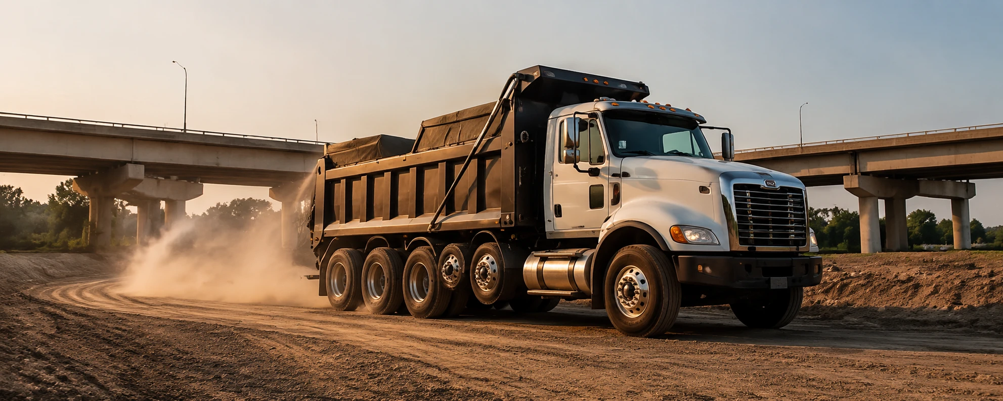 Aggregate delivery truck beneath a Texas highway overpass