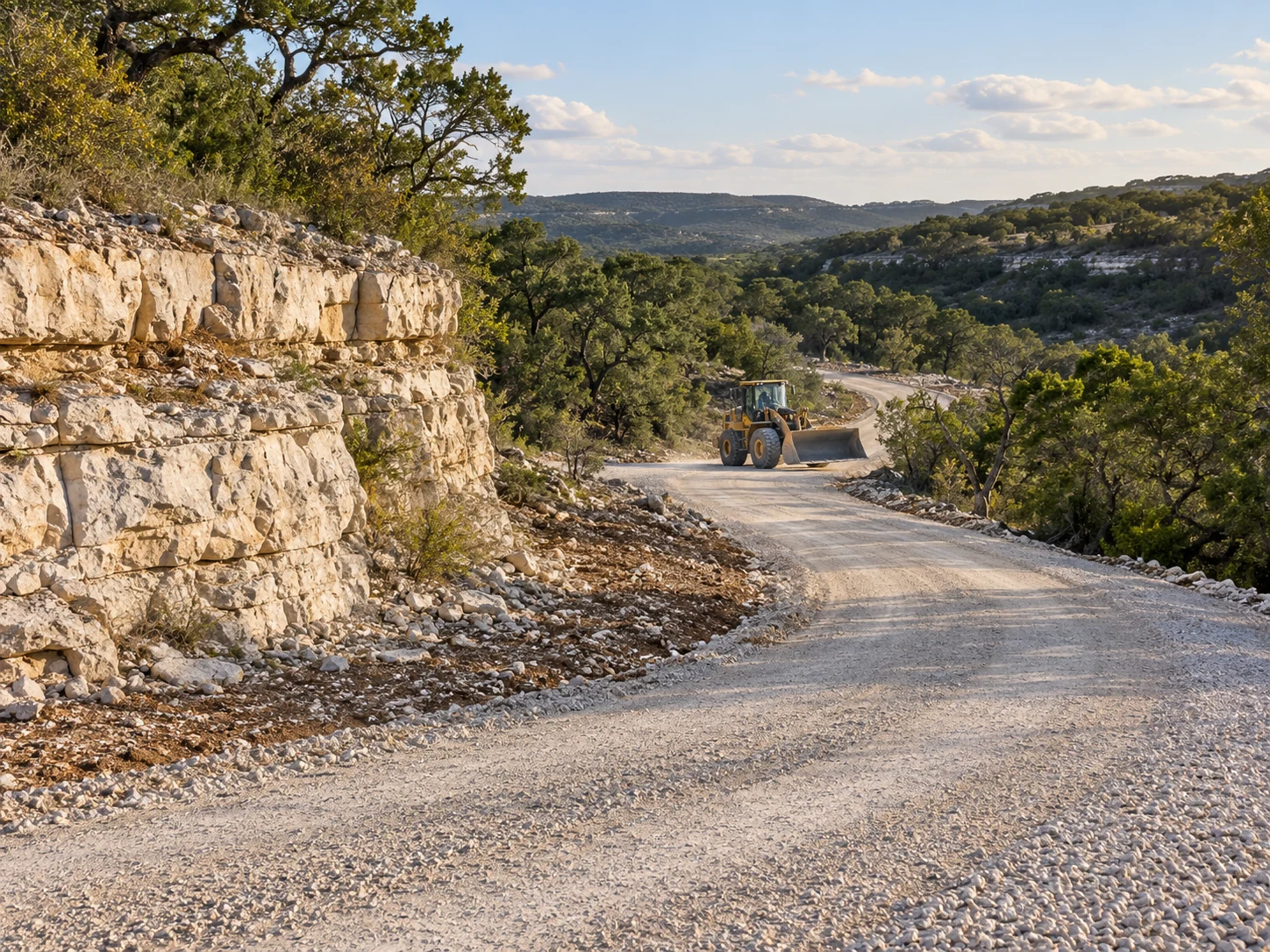 Illustrative Hill Country limestone outcrop beside a gravel access road and wheel loader