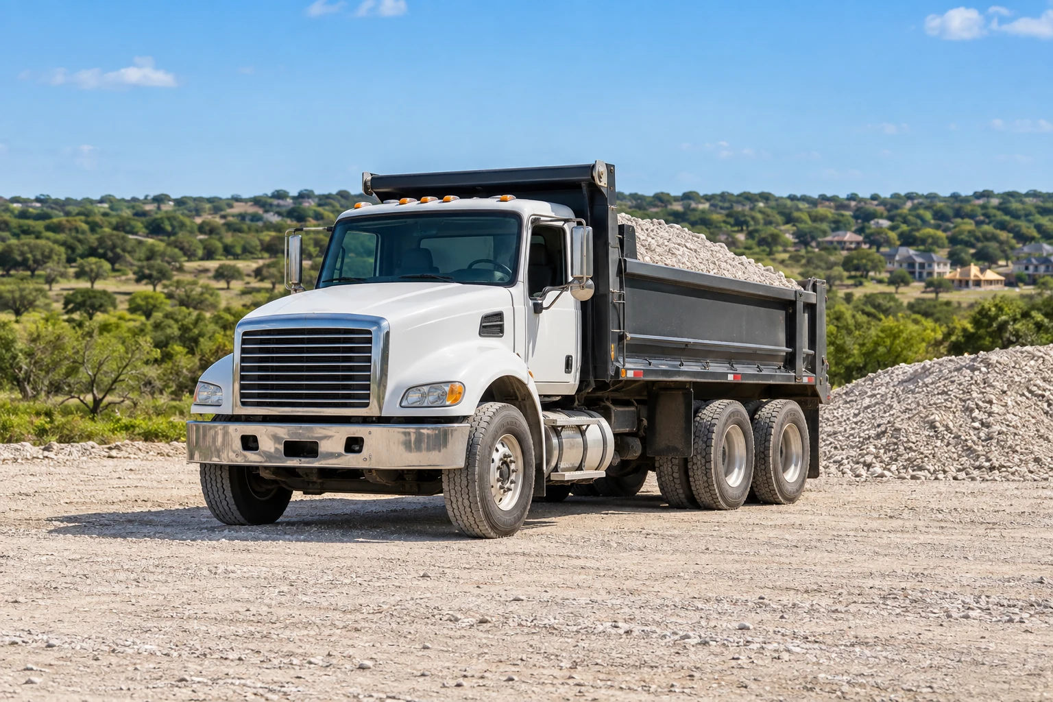 Illustrative white dump truck carrying crushed limestone at a Central Texas job site