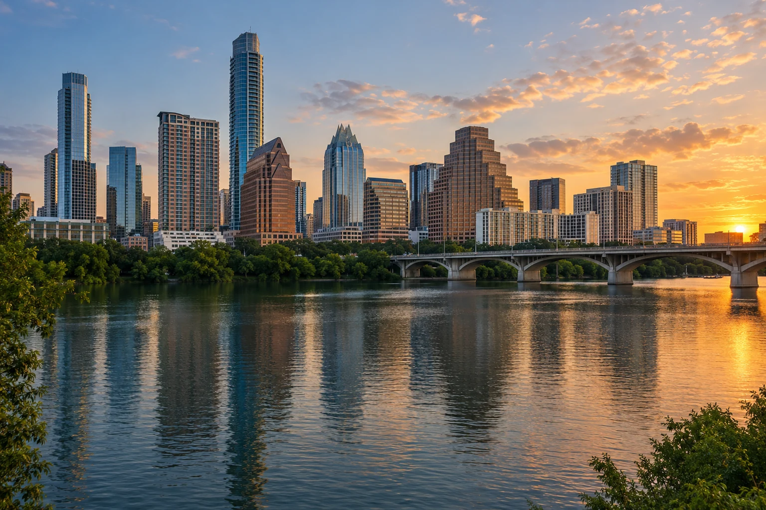 Illustrative downtown Austin skyline across Lady Bird Lake