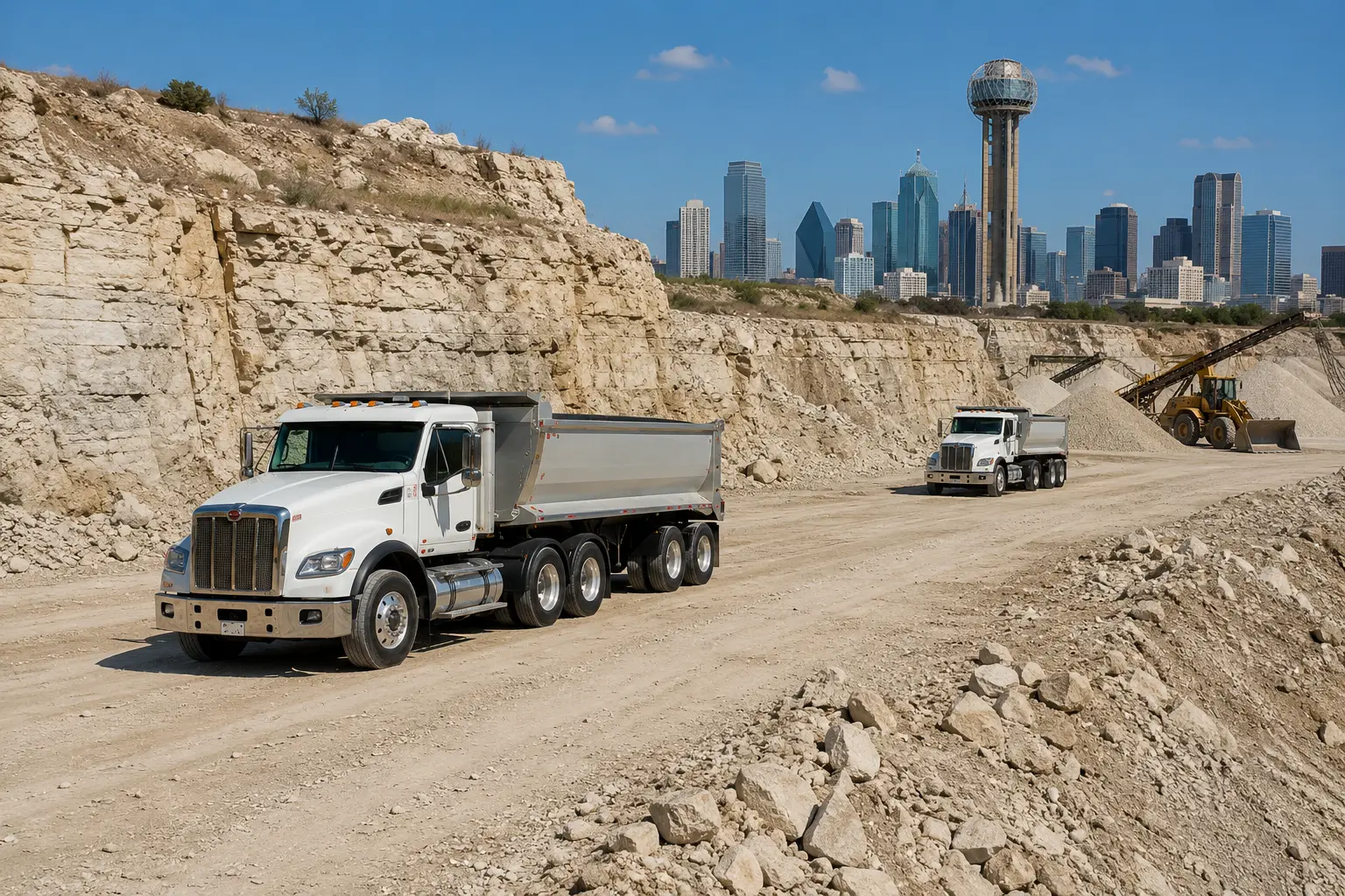 White aggregate trucks operating in a North Texas limestone quarry near Dallas