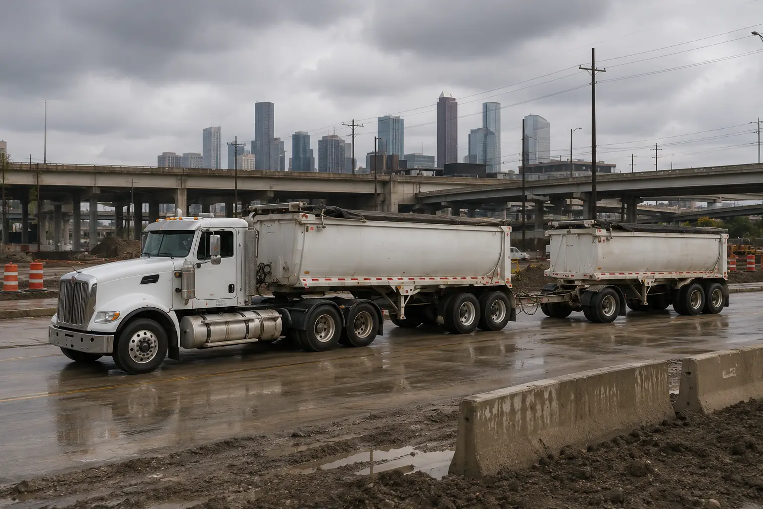 Dump truck and pup trailer delivering aggregate at a Houston construction site