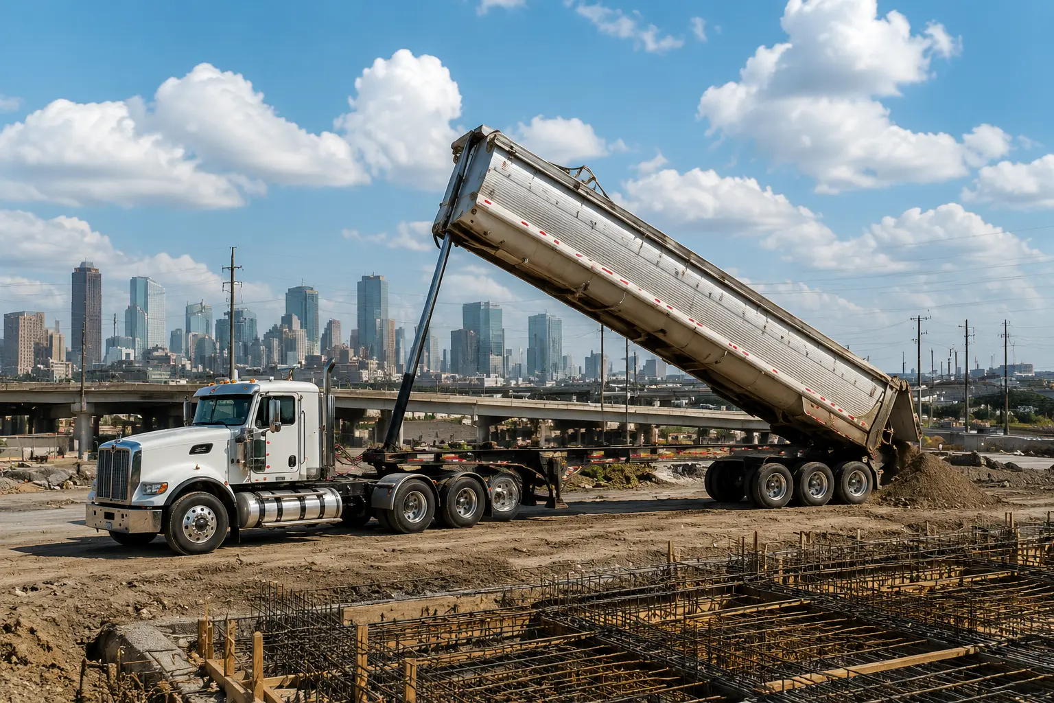 End-dump truck unloading material at a Houston construction site